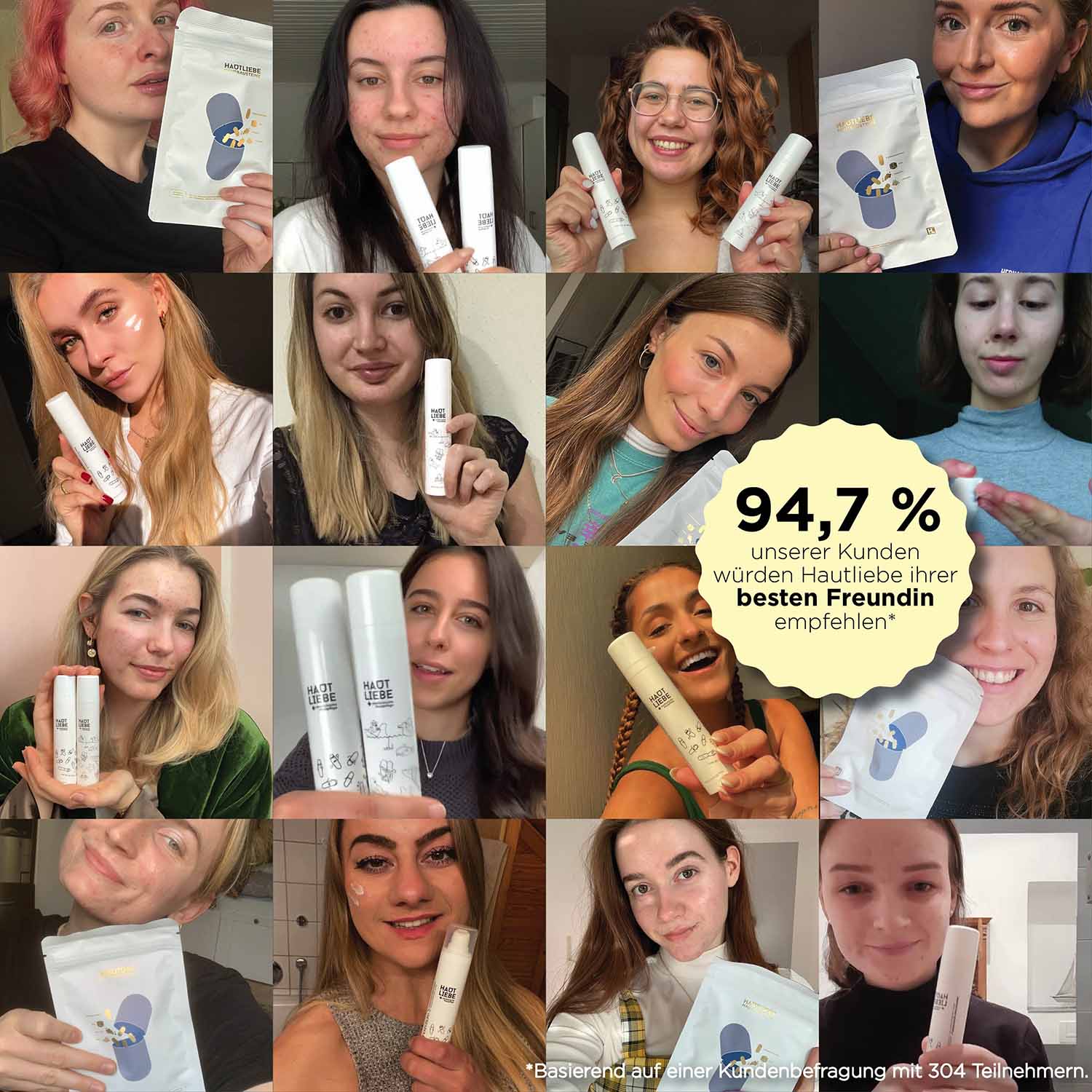 Die Erfahrungen mit Hautliebe und unsere Skincare Routine sind mehr als postiv. 94,7 Prozent unserer Kunden würden Hautliebe Ihrer besten Freundin empfehlen.